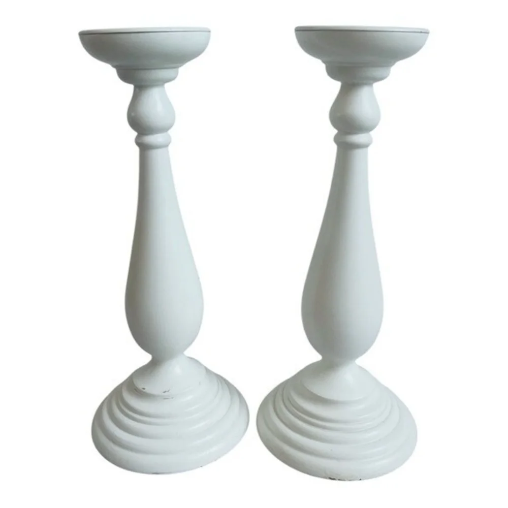 Set of 2 Tall White Wooden Candle Holders Modern Home Decor 14 Inch